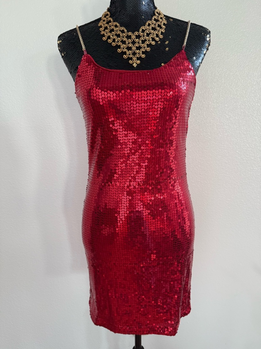 Solution Vintage Red Sequin Lined Slip Dress with Gold Chain Spaghetti Straps